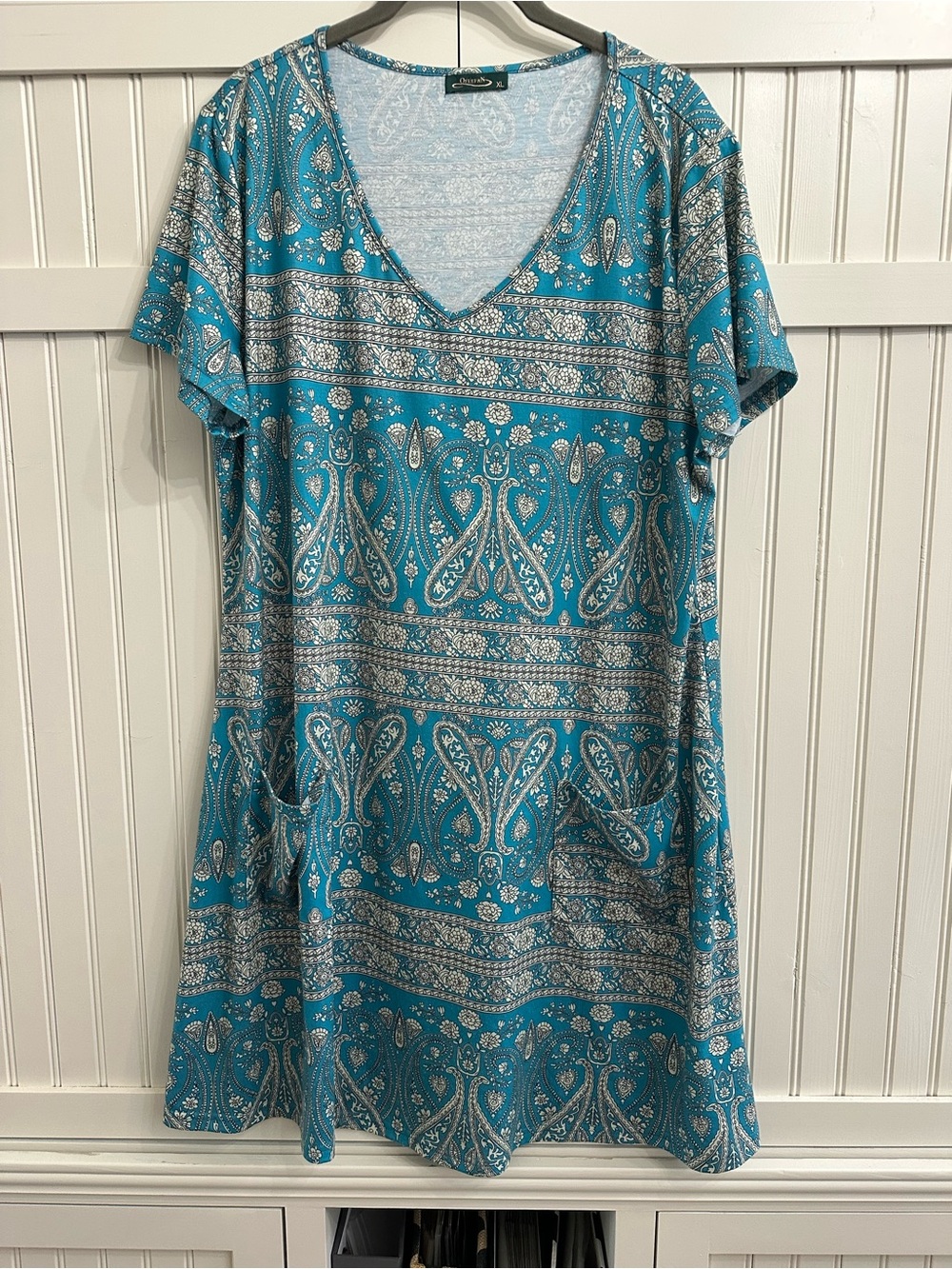 Ofeefan Casual Teal Paisley V-Neck Mini Dress with Pockets